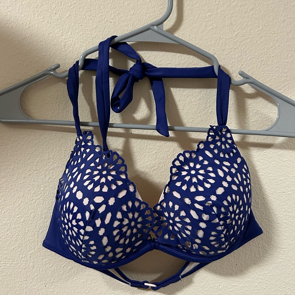 Elegant Blue Lace Halter Swimwear Set Bralette 34C size Bikini Bottom L size